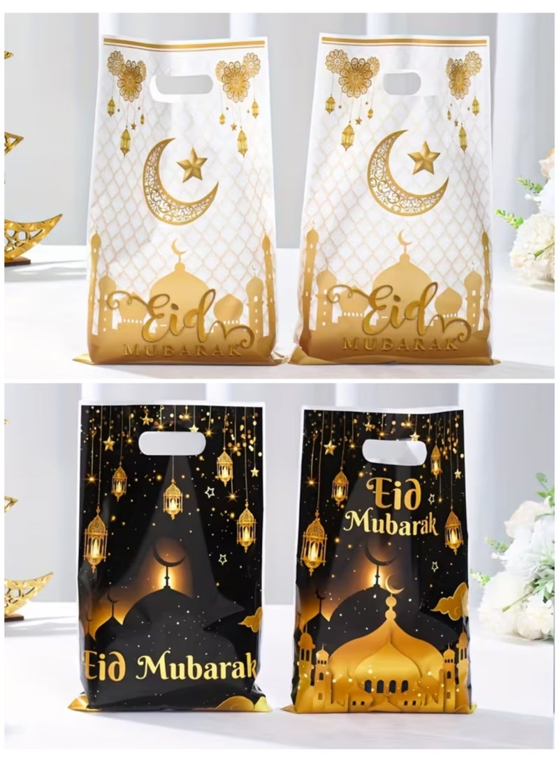 100PCS Eid Mubarak Plastic Gift Bags – Moon Star Castle Ramadan Candy Bags, Islamic Party Favor Treat Bags (2 Designs) - Image 1